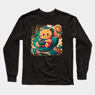 Adorable Cat Enjoying Noodles Long Sleeve T-Shirt